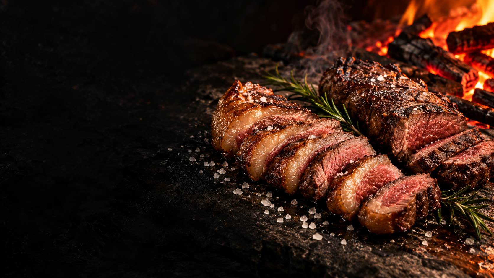 Picanha fatiada sobre pedra, ao lado da brasa acesa